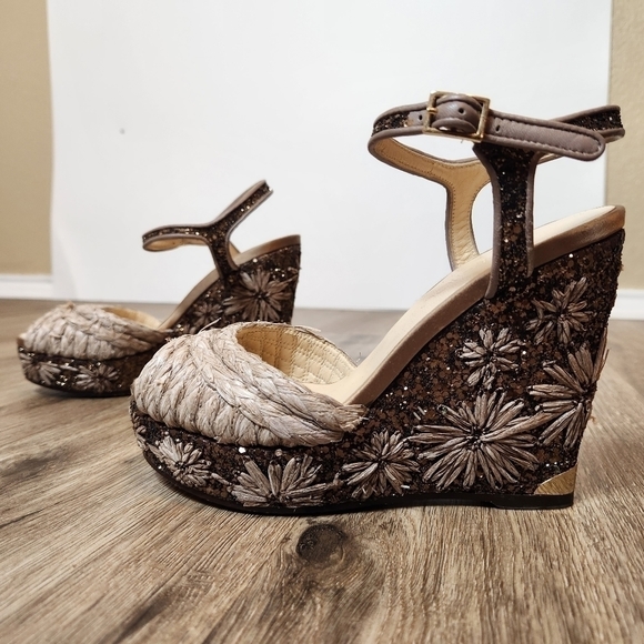 Jimmy Choo Perla Jute Glitter Wedge Sandal Light Mocha in Size 37(US 7) - Picture 5 of 16